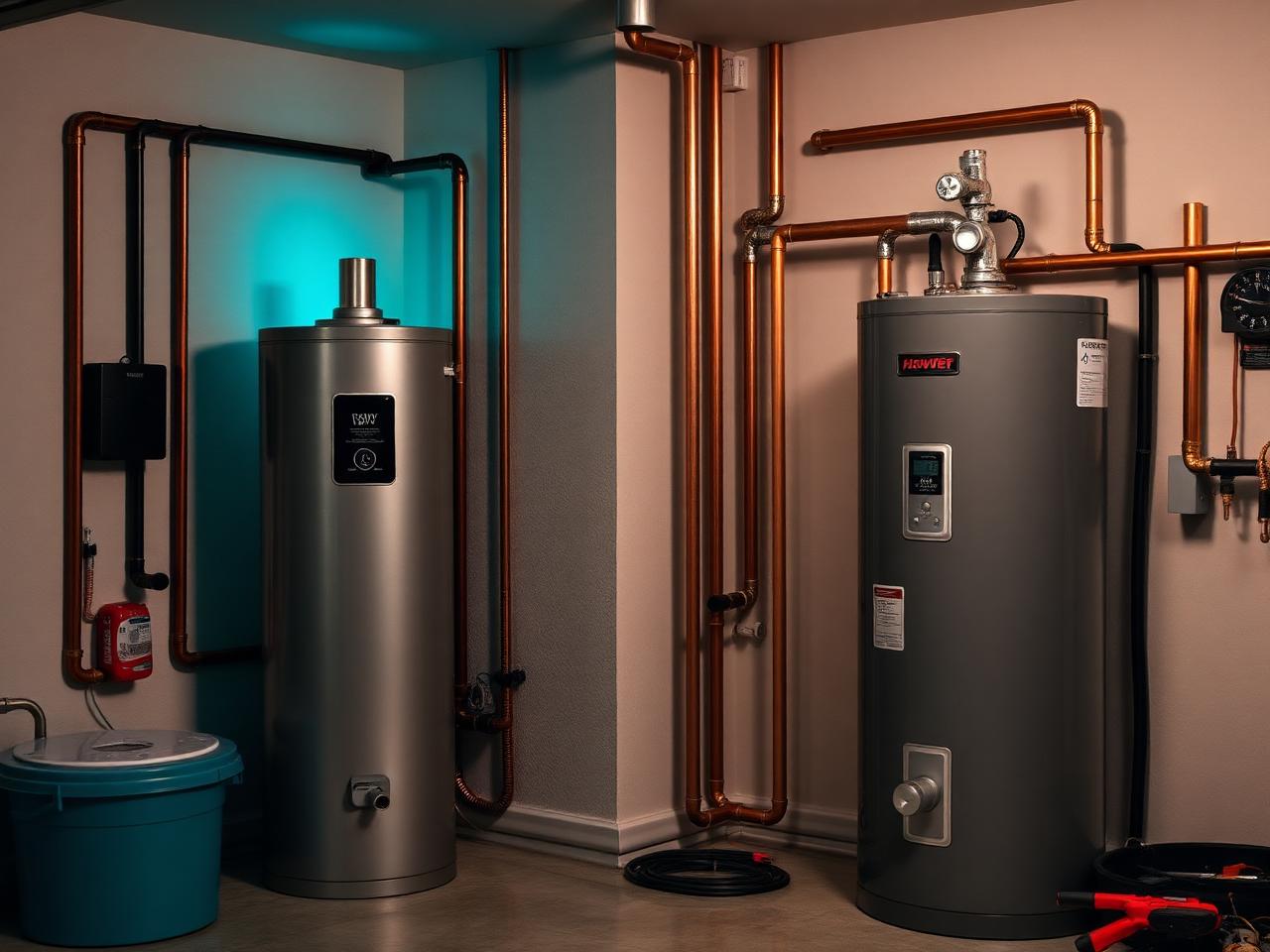 Newly installed tank and tankless water heaters with clean copper pipework
